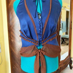 NINA RICCI BLUE & BROWN SILK SLEEVELESS BLOUSE.  Fits US Size 2